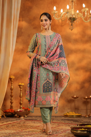 Ethnic Motifs Printed Sequinned Straight Kurta With Trousers & Dupatta