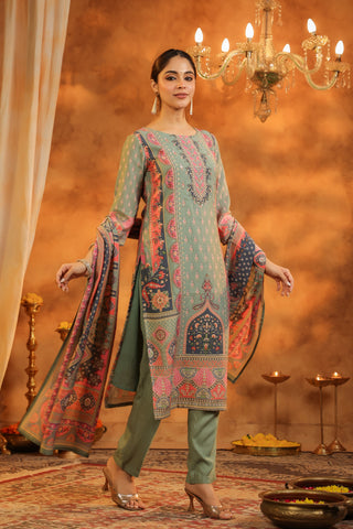 Ethnic Motifs Printed Sequinned Straight Kurta With Trousers & Dupatta