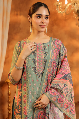 Ethnic Motifs Printed Sequinned Straight Kurta With Trousers & Dupatta