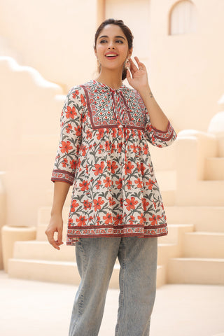 Women Floral Printed Pure Cotton A-Line Top