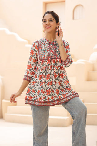 Women Floral Printed Pure Cotton A-Line Top