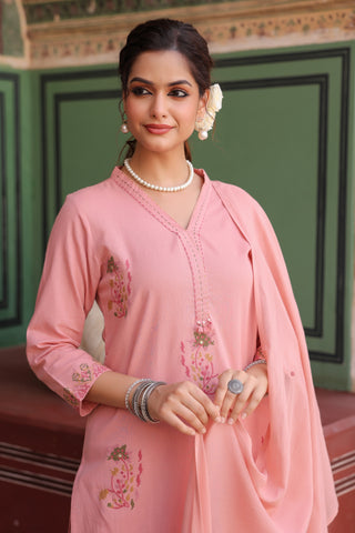Floral Embroidered Thread Work Pure Cotton Kurta With Trousers & Dupatta