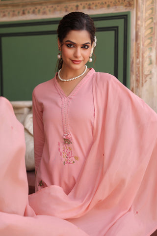 Floral Embroidered Thread Work Pure Cotton Kurta With Trousers & Dupatta