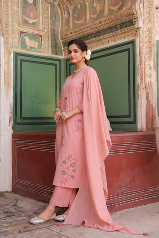 Floral Embroidered Thread Work Pure Cotton Kurta With Trousers & Dupatta