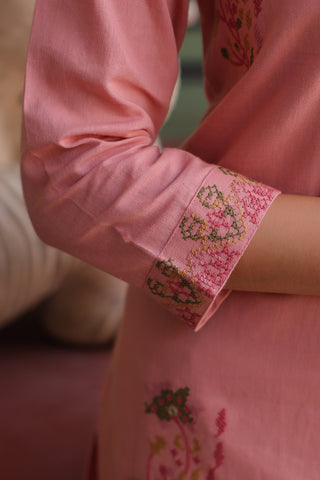 Floral Embroidered Thread Work Pure Cotton Kurta With Trousers & Dupatta