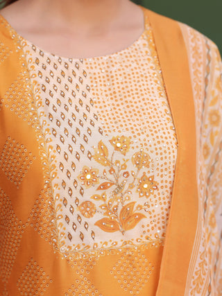 Women Printed Chanderi Cotton Kurta with Trousers & Dupatta