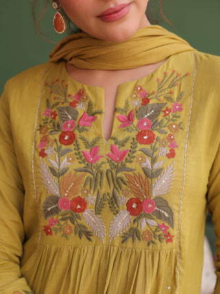 Floral Embroidered Mirror Work Pure Cotton Kurta With Trouser & Dupatta