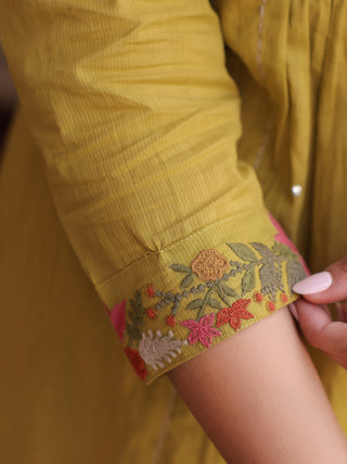 Floral Embroidered Mirror Work Pure Cotton Kurta With Trouser & Dupatta