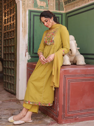 Floral Embroidered Mirror Work Pure Cotton Kurta With Trouser & Dupatta