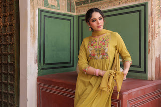 Floral Embroidered Mirror Work Pure Cotton Kurta With Trouser & Dupatta