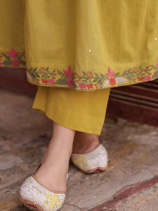 Floral Embroidered Mirror Work Pure Cotton Kurta With Trouser & Dupatta