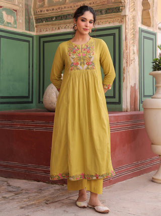 Floral Embroidered Mirror Work Pure Cotton Kurta With Trouser & Dupatta