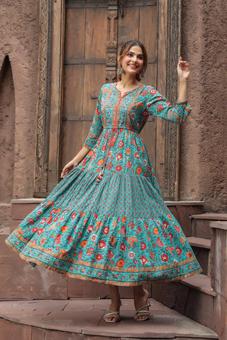 Women Green & Red Ethnic Pure Cotton A-Line Long Dress