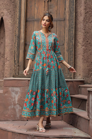 Women Green & Red Ethnic Pure Cotton A-Line Long Dress