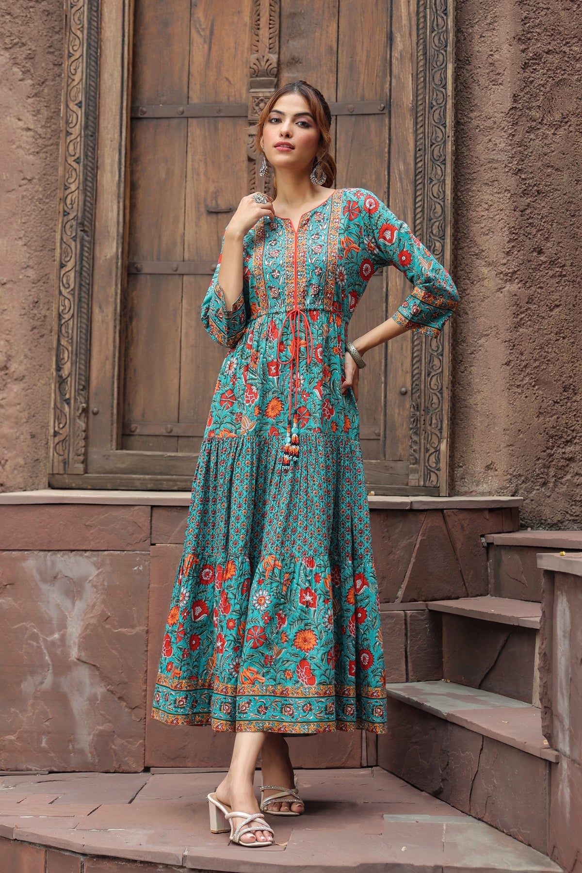 Ethnic Long Dress Women Green Red Ethnic Pure Cotton A-Line Long Dress Rain Ethnic Long Dress Women Green Red Ethnic Pure Cotton A-Line Long Dress Rain