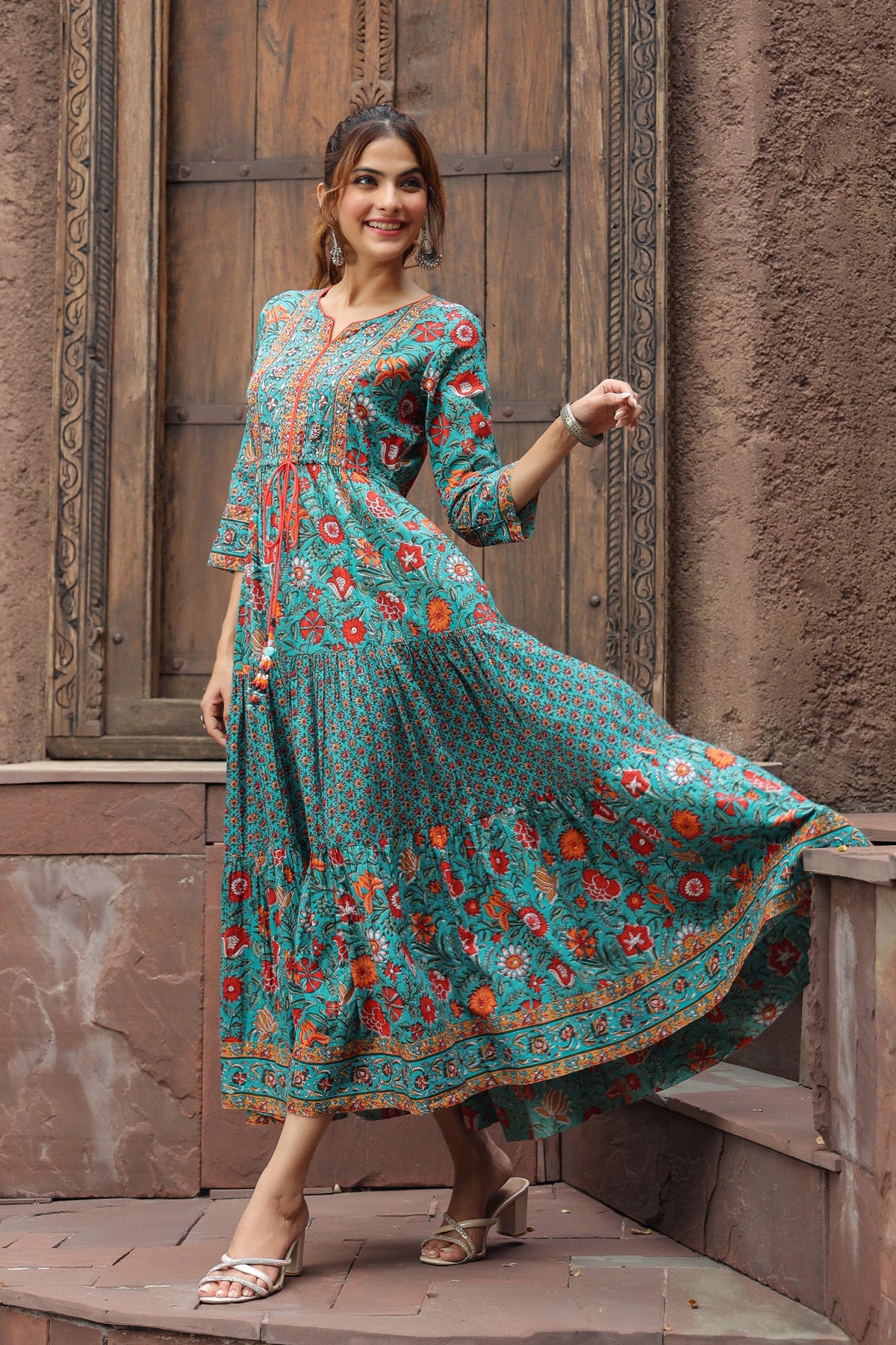 Women Green & Red Ethnic Pure Cotton A-Line Long Dress Rain & Rainbow Women Green & Red Ethnic Pure Cotton A-Line Long Dress Rain & Rainbow