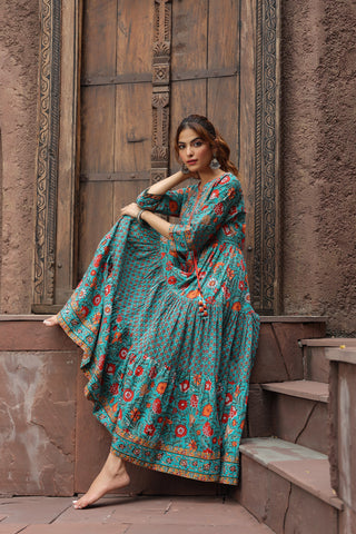 Women Green & Red Ethnic Pure Cotton A-Line Long Dress