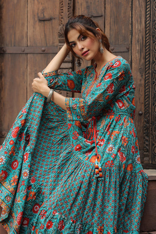 Women Green & Red Ethnic Pure Cotton A-Line Long Dress