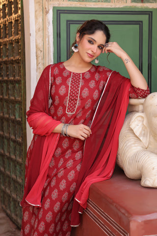Women Ethnic Motifs Printed Regular Pure Cotton Kurta with Trousers & With Dupatta