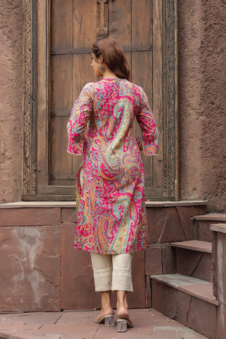 Women Ethnic Motifs Printed Flared Sleeves Mirror Work Kurta