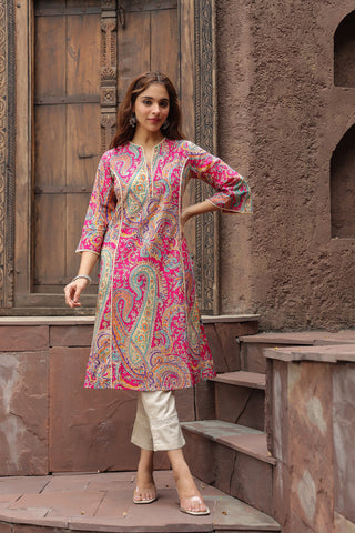 Women Ethnic Motifs Printed Flared Sleeves Mirror Work Kurta