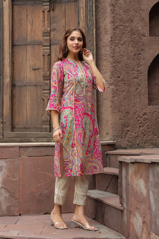 Women Ethnic Motifs Printed Flared Sleeves Mirror Work Kurta