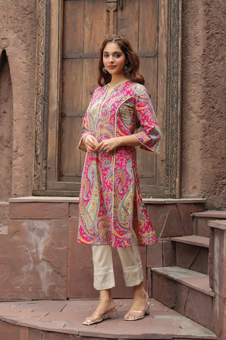 Women Ethnic Motifs Printed Flared Sleeves Mirror Work Kurta