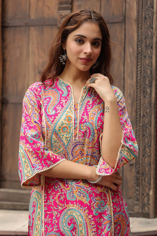 Women Ethnic Motifs Printed Flared Sleeves Mirror Work Kurta