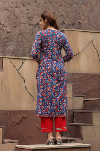 Floral Printed Notch Neck Thread Work Pure Cotton A-Line Kurta