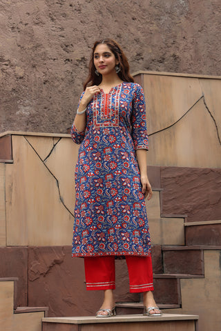 Floral Printed Notch Neck Thread Work Pure Cotton A-Line Kurta