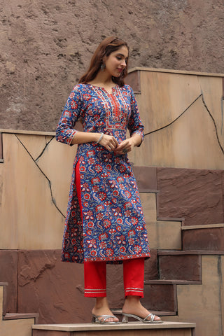 Floral Printed Notch Neck Thread Work Pure Cotton A-Line Kurta