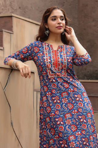 Floral Printed Notch Neck Thread Work Pure Cotton A-Line Kurta