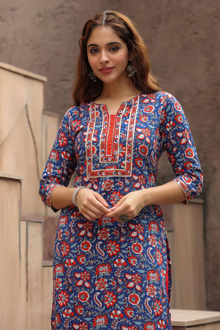 Floral Printed Notch Neck Thread Work Pure Cotton A-Line Kurta