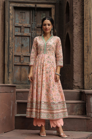 Paisley Printed Pure Cotton Anarkali Kurta With Trouser & Dupatta