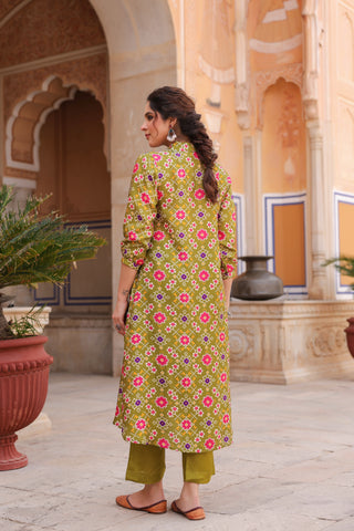 Printed V-Neck Three-Quarter Sleeves Tunic With Trouser