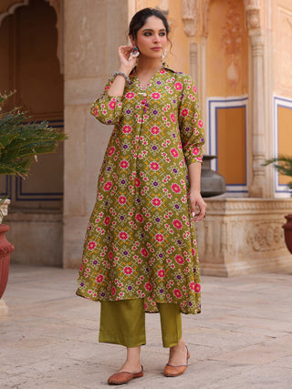 Printed V-Neck Three-Quarter Sleeves Tunic With Trouser