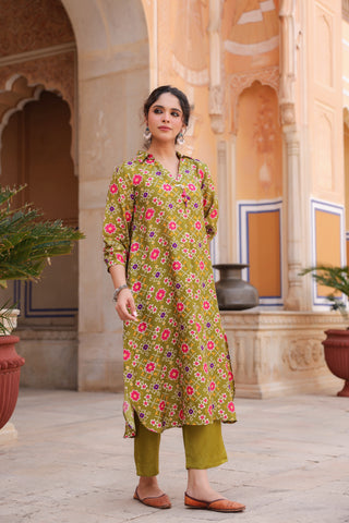 Printed V-Neck Three-Quarter Sleeves Tunic With Trouser