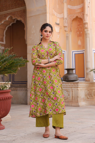 Printed V-Neck Three-Quarter Sleeves Tunic With Trouser