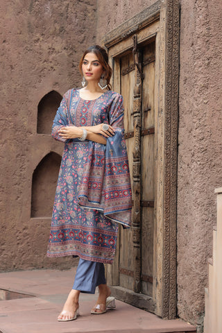 Floral Printed Beads And Stones Straight Kurta With Trousers & Dupatta