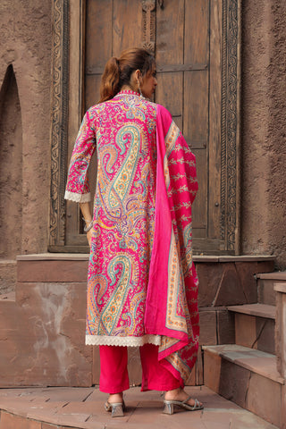 Printed Thread Work Pure Cotton Anarkali Kurta with Trousers & Dupatta