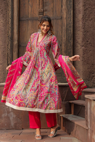 Printed Thread Work Pure Cotton Anarkali Kurta with Trousers & Dupatta