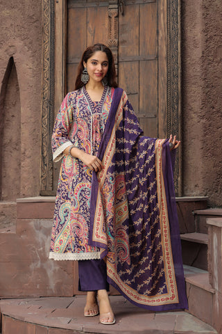 Paisley Printed Thread Work Pure Cotton Kurta with Trousers & Dupatta