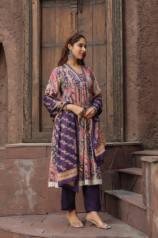 Paisley Printed Thread Work Pure Cotton Kurta with Trousers & Dupatta