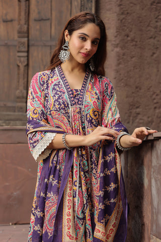 Paisley Printed Thread Work Pure Cotton Kurta with Trousers & Dupatta