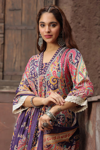 Paisley Printed Thread Work Pure Cotton Kurta with Trousers & Dupatta