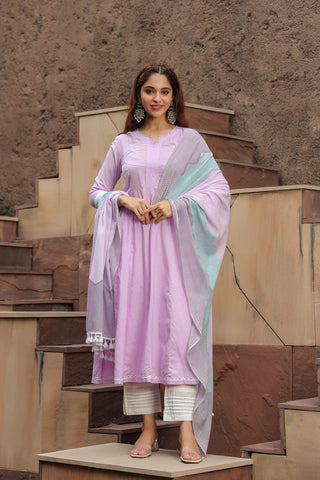 Notch Neck Thread Work Pure Cotton Anarkali Kurta with Trousers & Dupatta