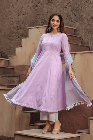 Notch Neck Thread Work Pure Cotton Anarkali Kurta with Trousers & Dupatta