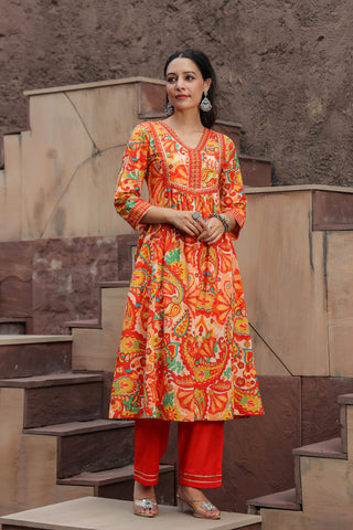 Printed Gotta Patti Pure Cotton A-Line Kurta with Trousers & Dupatta