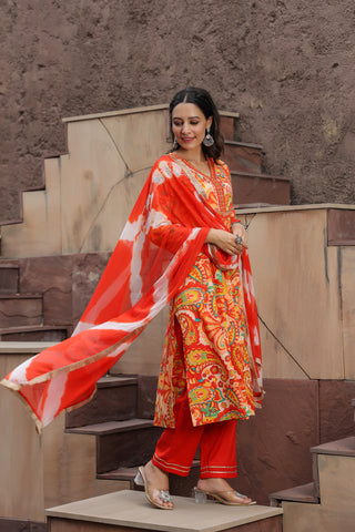 Printed Gotta Patti Pure Cotton A-Line Kurta with Trousers & Dupatta