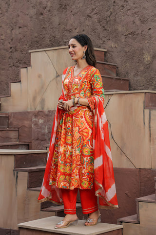 Printed Gotta Patti Pure Cotton A-Line Kurta with Trousers & Dupatta